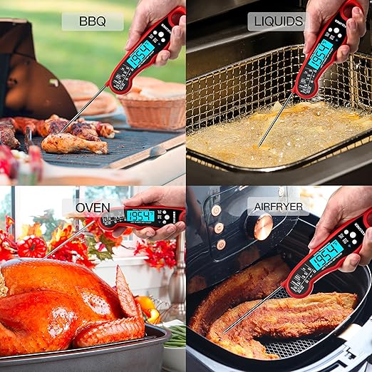 TP-01 Waterproof Digital Instant Read Meat Thermometer with 4.6 Folding Probe Backlight Calibration Function for Cooking Food Candy, BBQ Grill, Liquids,Beef（Red）