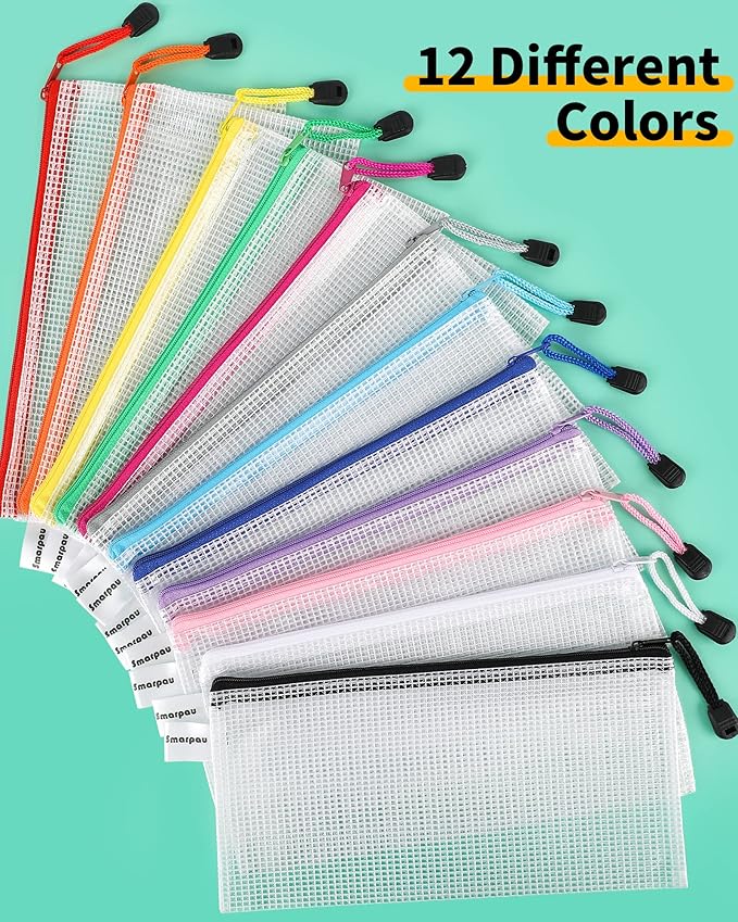 Smarpau 96 Pack Pencil Pouch, 12 Colors 9.3" x 4.7" Small Mesh Zipper Pouches, Clear Pencil Case Waterproof Zipper Bags for Office Supplies, Travel Organization