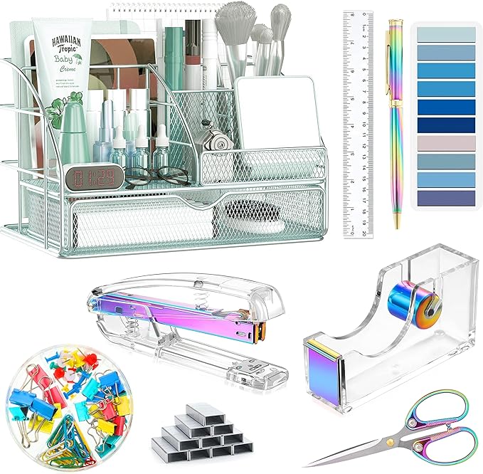 Dream Color Desk Accessories, Office Desk Organizers and Accessories Supplies with Mesh Desk Organizer, Tape Dispenser, Stapler, Staples, Ballpoint Pen, Clips Set, Ruler, Scissor, Sticky Tabs