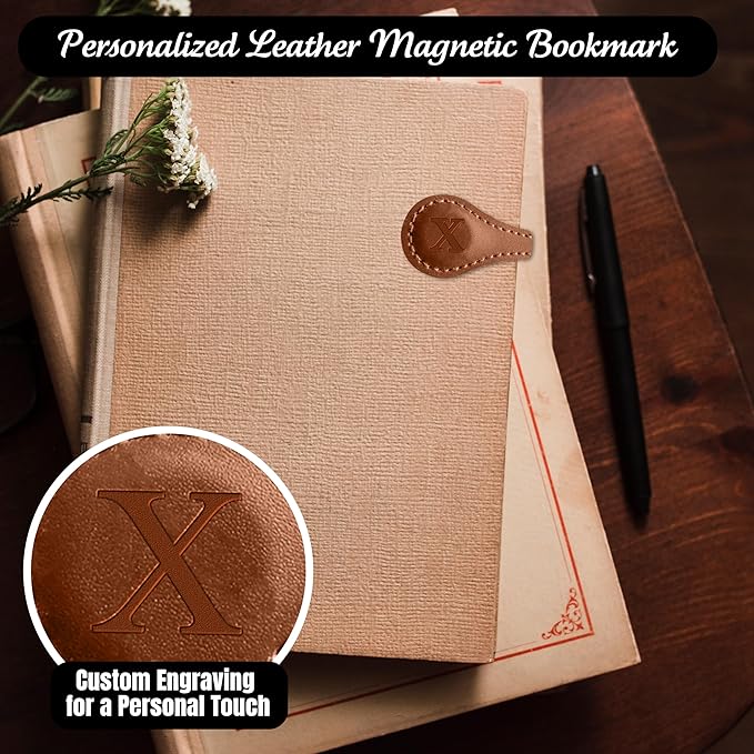 Personalized Leather Magnetic Bookmarks (1 Pack) Vintage Custom Engraved Initial ID Identification Book Marker Clip Gift for Book Lover Avid Readers (Letter X, Light Brown)