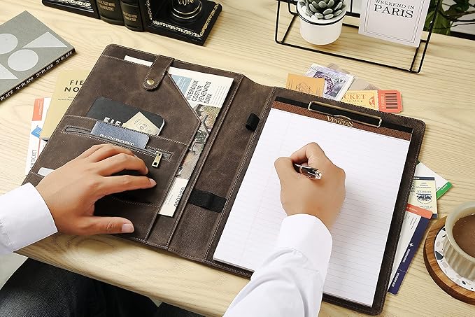 Personalized Leather Portfolio for Men, Engraved Leather Clipboard Portfolio Binder, Custom Leather Resume Padfolio for Women, Christmas Gift for His/Her (Clipboard, Grey-Custom)