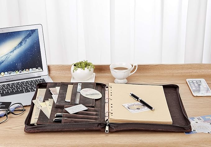 AZXCG Premium Leather Padfolio Binder for Men & Women - A4 Letter Size Notepad & iPad Pro 12.9 Compatibility(2018,2020,2021) Executive Portfolio Folder with Business Card Holder,Darkbrown