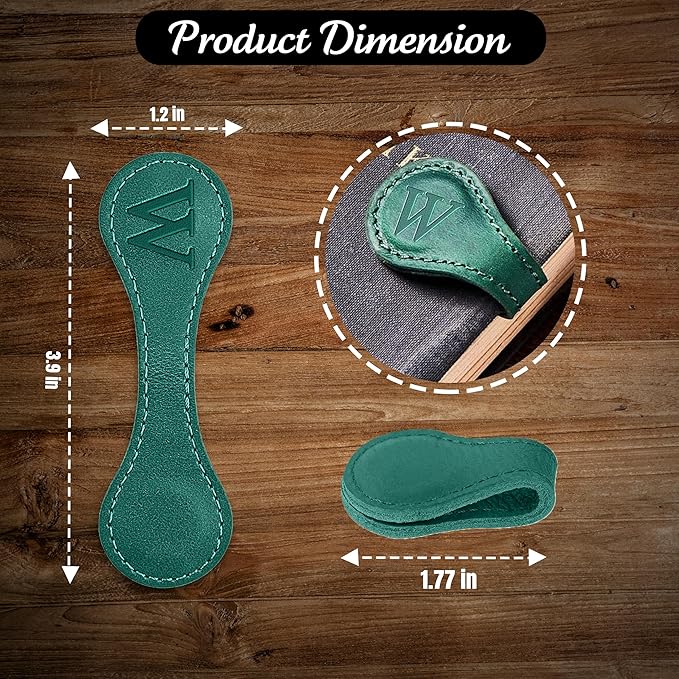 Personalized Leather Magnetic Bookmarks (1 Pack) Vintage Custom Engraved Initial ID Identification Book Marker Clip Gift for Book Lover Avid Readers (Letter W, Green)