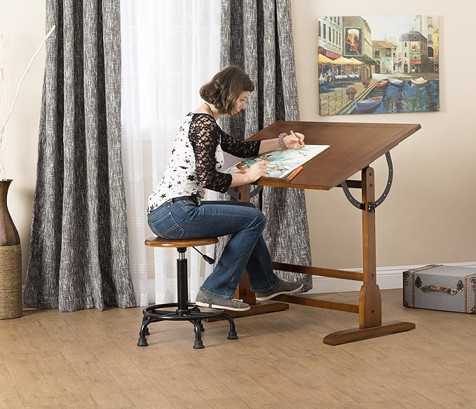 Studio Designs Vintage Drafting Table - Antique Design Solid Wood Drafting Table with Built-In Pencil Groove and Pencil Ledge - Angle Adjustable Work Surface