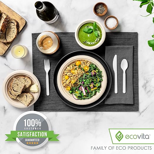 100% Compostable Forks Spoons Knives Cutlery Combo Set - 380 Large Disposable Utensils (7 in.) Eco Friendly Durable and Heat Resistant Alternative to Plastic Silverware with Convenient Tray