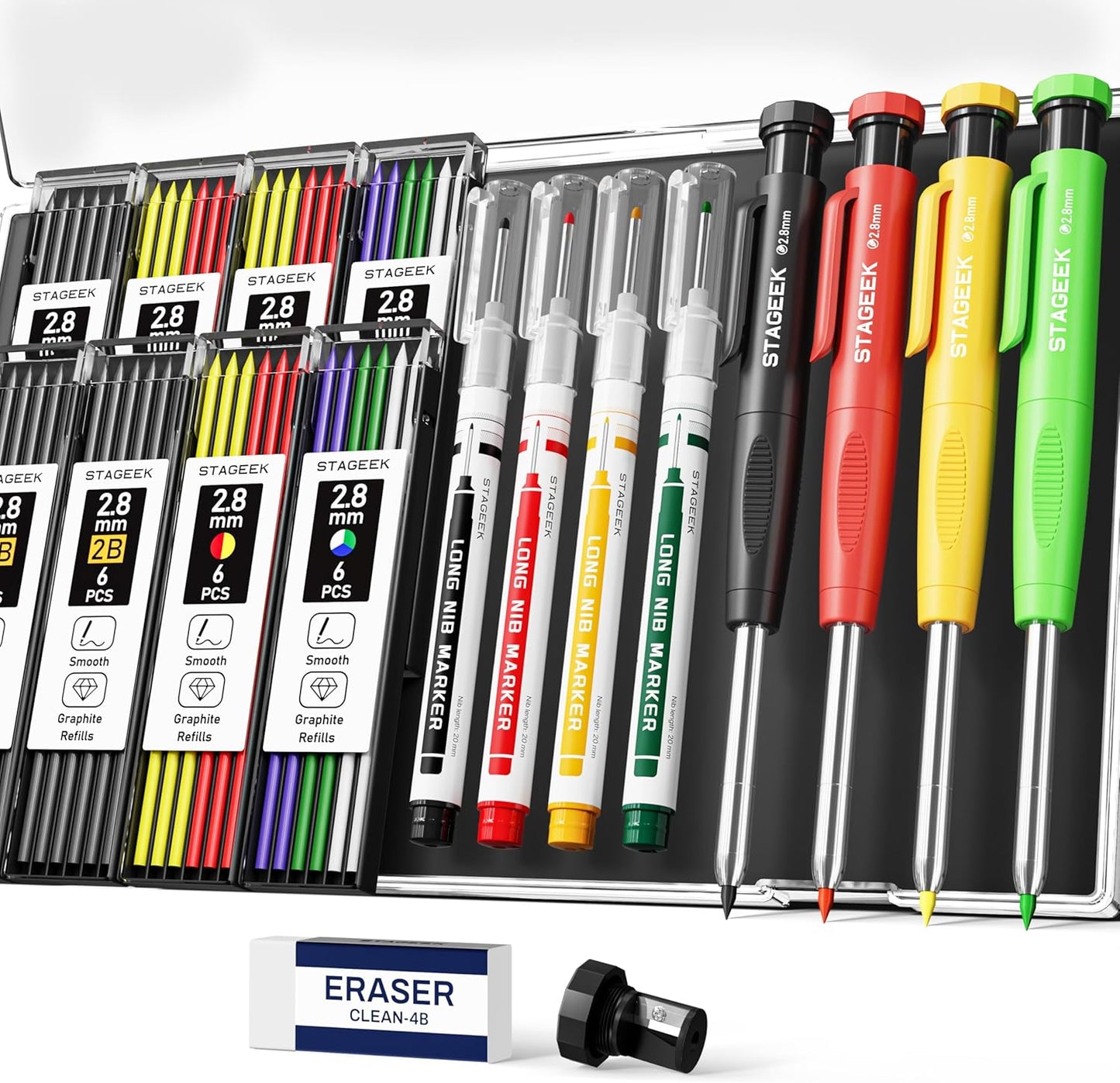 4PCS Carpenter Pencils with Sharpener, Heavy Duty Woodworking Pencils, Mechanical Carpenter Pencil with 52 Refills, Deep Hole Long Nib Marker Pens for Architect Construction Marking with Case