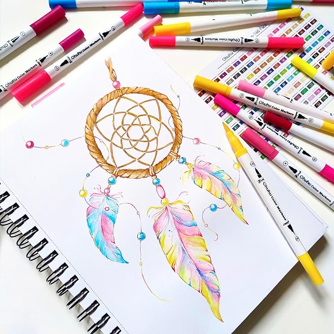 Ohuhu Markers for Adult Coloring Books: 160 Colors Coloring Markers Dual Tips Fine & Brush Drawing Pens Water-Based Art Markers for Kids Adults Sketch Bullet Journal with Carrying Case - Maui - White