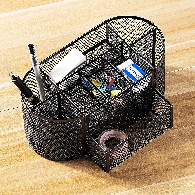 Amazon Basics Mesh Desk Office Organizer, Black, 9.25" x 4.53" x 3.94"