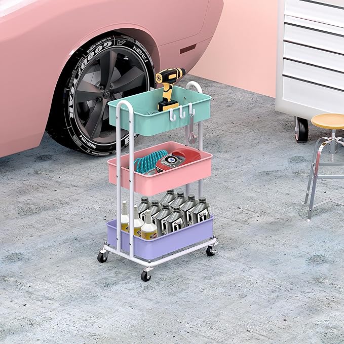 Simple Houseware Heavy Duty 3-Tier Metal Utility Rolling Cart, Multicolor